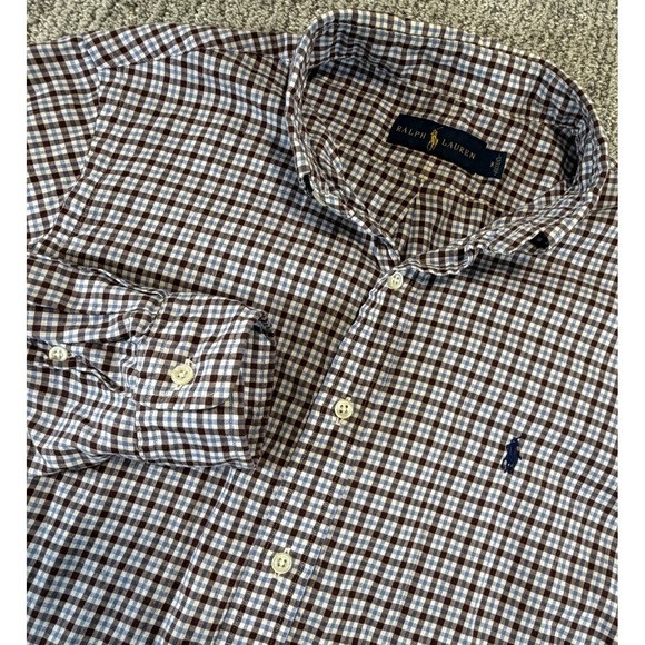 Polo Ralph Lauren Mens Button Up Shirt Blue Brown Plaid Long Sleeve XL Pony - Picture 1 of 8
